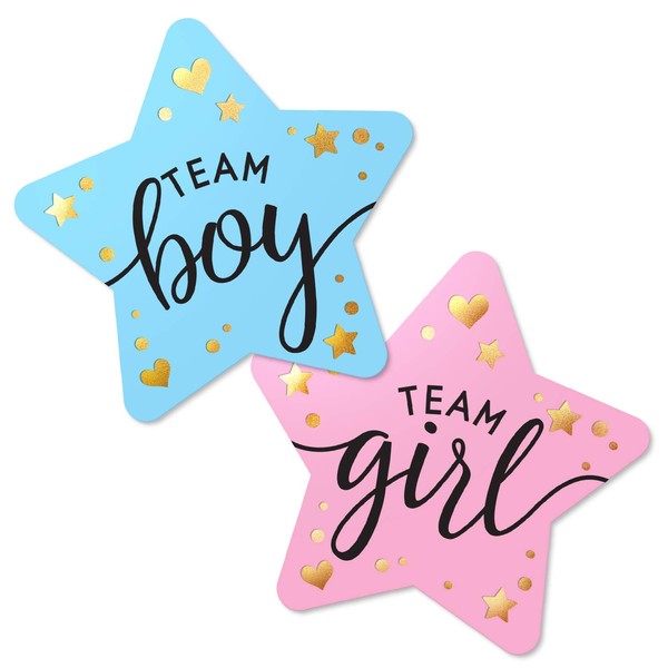 2.25” Gender Reveal Stickers for Party Invitations and Voting Games (80 Count) - Team Boy and Team Girl Labels with Gold Foil for Reveal Parties and Baby Showers | Easy to Peel and Stick (Star)
