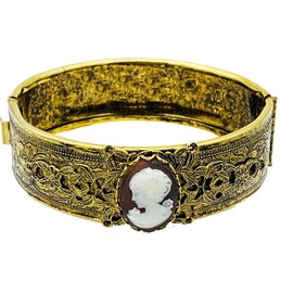 Victorian Style Cameo Hinged Goldtone Cuff Bracelet *Reproduction*