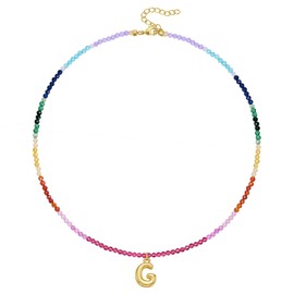 KissYan Beaded Initial Necklace for Women, 14K Gold Plated Bubble Letter Pendant Rainbow Gemstone Choker Colorful Summer Beach Jewelry(Gold G)