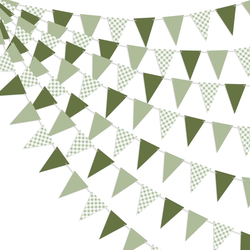 3Pcs Sage Green Gingham Pennant Banner Pre-Strung Triangle Flag Garland