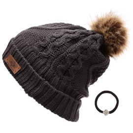 ANGELA & WILLIAM Women's Winter Fleece Lined Cable Knitted Pom Pom Beanie Hat with Hair Tie.(Dark Grey)