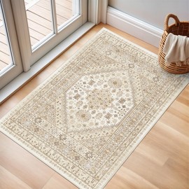 zesthome 2x3 Entryway Rug, Soft Washable Rugs, Non Slip Area Rug, Stain Resistant Low Pile Rugs for Bedroom, Vintage Rug for Door Mat, Kitchen (Cream/Beige,2'x3')
