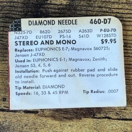 Euphonics, Jensen, Magnavox Superb Needle Vintage New Old Stock Vinyl Record Player Diamond Needle 460-D7