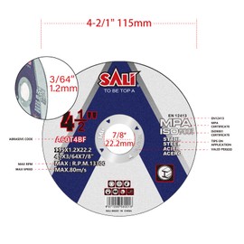 SALI 10 Pack Cut Off Wheels 115mm (4.5") Aluminium Oxide Grit Medium General Purpose Metal Cutting Wheel for Angle Grinders - 115 x 1.2 x 22.2mm Operating Up to 12220 RPM and 80 M/S