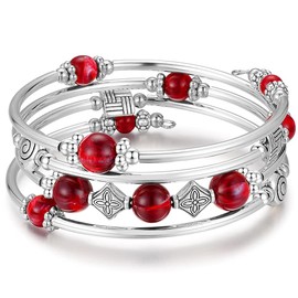 Beaded Pearl Bangle Wrap Bracelet - Fashion Bohemian Jewelry Multilayer Charm Bracelet with Thick Silver Metal Beads, Gift For Women(Dark Red)
