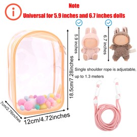 Tinoaly Clear Figure Display Case, Protective Case for Plush Doll Storage Bag Holder Portable Crossbody PVC Hanging Doll Cover Pouch with Keychain for 15cm/17cm Dolls Accessories (Apricot)