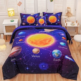 Tasselily Full Size Comforter Sets for Boys, Space Bedding Set Full Bed in a Bag, 6 Pcs Universe Planet Galaxy Comforter Set with Sheets