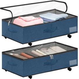 KaloKalo 2PCS Under Bed Storage Bins with Wheels Clear Lids 10 inches High Fabric Underbed Storage Containers Boxes Baskets 57L Extra Large Rolling Organizers Drawers for Clothes Sheets (Deep Blue)