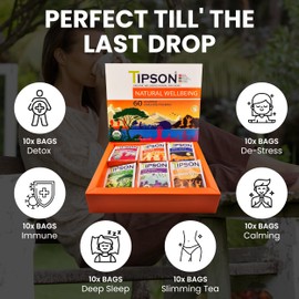 Tipson Natural Wellbeing Variety Sampler - 6 Flavors | 6 Benefits (60 Tea Bags), Herbal Tea Infusions - USDA Organic, Non GMO, and Gluten Free