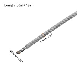 sourcing map 197Ft(60M) Wire Rope 304 Stainless Steel Cable 1/24"(1mm) Vinyl Coated with 10pcs Aluminum Sleeves for Hanging, Clotheslines, Lifting Transparent