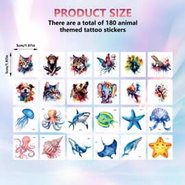 SEESUNO 180 Pcs 5 * 5cm Animal Temporary Tattoos for Kids, Watercolor Land and Marine Animals Theme Fake Tattoo Stickers for Boys Girls Party Bag Filler