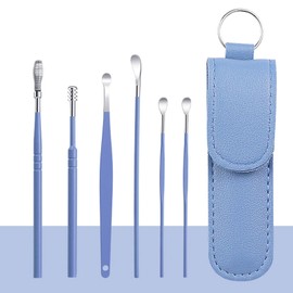 6-in-1 Stainless Steel Ear Wax Removal Kit with Leather Storage Bag – Reusable Ear Cleaning Tools for Personal and Household Use – Safe (Blue, one Size)