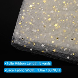 PATIKIL 5 Yards Tulle Fabric, 63inch Glitters Tulle Fabric Rolls Lace Sequin Ribbon Netting Stars Moon for Tutu Skirt Dress DIY Crafts Birthday Wedding Party Decoration, Beige