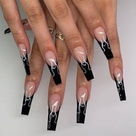 BABALAL Long Press on Nails Coffin Fake Nails Black French Tip Glue on Nails Glossy Acrylic Nails Falme Design Ballerina False Nails for Women and Girls