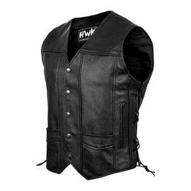 HWK Leather Motorcycle Vest for Men and Women with Concealed Carry Gun Pocket, Black Genuine Leather Vest with 100% Polyester Lining for All-Weather Enduro Motocross Motorbike Riding, XL