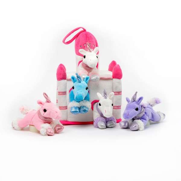 Plush Unicorn Castle with Animals - Five (5) Stuffed Animal Unicorns in Play Carrying Castle Case - White