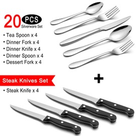 LIANYU 24-Piece Silverware Set with Steak Knives, Stainless Steel Flatware Cutlery Set for 4, Fork Spoon Knife Set Eating Utensils Tableware, Dishwasher Safe