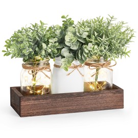 Mkono Mason Jar Lights Table Centerpiece for Dining Room Fake Eucalyptus Plants Christmas Table Decor for Kitchen Coffee Table Living Room Bathroom