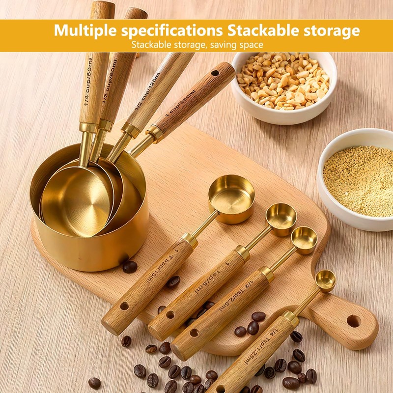 Measuring Cups and Spoons Set, 8 Pack Gold Measuring Spoons