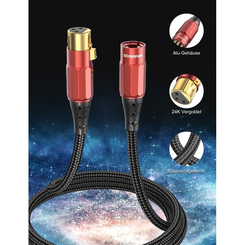 SOUNDFAM XLR Microphone Cable 1 m Gold-Plated XLR Connectors (24K)