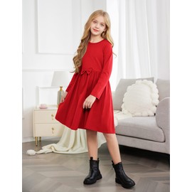 Arshiner Girls' Long Sleeve Casual Dresses Kids Cotton Winter Dress Autumn Dresses A-line Round Neck Festive Dress for Girls, red