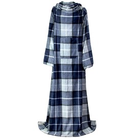 PAVILIA Premium Fleece Blanket with Sleeves for Adult, Women, Men | Warm, Cozy, Extra Soft, Microplush, Functional, Lightweight Wearable Throw (Plaid Navy)