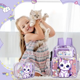Kacctyen 3 Pcs Pink Clear Backpack for Boy Girl Kids Toddler Heavy Duty Clear Transparent Backpack with Lunch Bag(Purple,Cat)