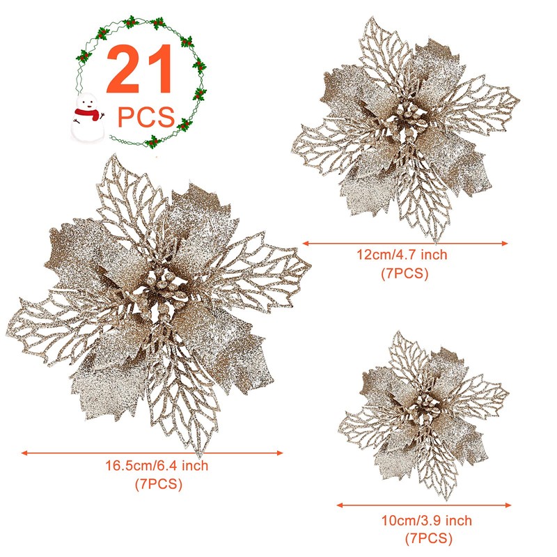 GWHOLE Pack of 21 Christmas Flowers, Christmas Tree Decorations, Artificial