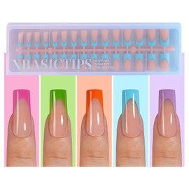 Misssix XBASICTIPS French Gel Nail Tips, 150Pcs Soft Gel French Tip Press on Nails, Long Square Pre-Shaped Fake Nails, No Need to File for Art DIY 15 Sizes