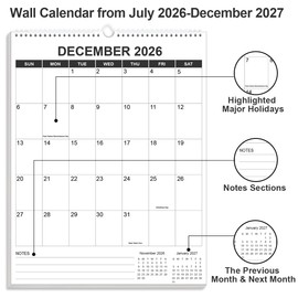 2026-2027 Wall Calendar - Runs from July 2026 until December 2027, Hanging Wall Calendar 2026-2027 for Easy Organizing, Vertical Calendar, 8.5" x 11", Black