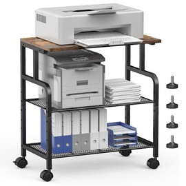 Alexayhome 3 Tier Printer Stand with Wheels, Printer Table for Home Office, Large Rolling Cart with Adjustable Storage Shelf, Supports Up to 100 Lbs, for 3D Printer, Heat Press, Scanner & Fax