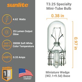 Sunlite T3.25 Specialty Mini-Tube Bulb, 4.62 Watts, 25 Lumens, 14 Volts, C-2F Filament, Miniature Wedge W2.1x9.5d Base, Clear Finish, 2800K Soft White, for Automotive & Indicator Lights, 10 Pack