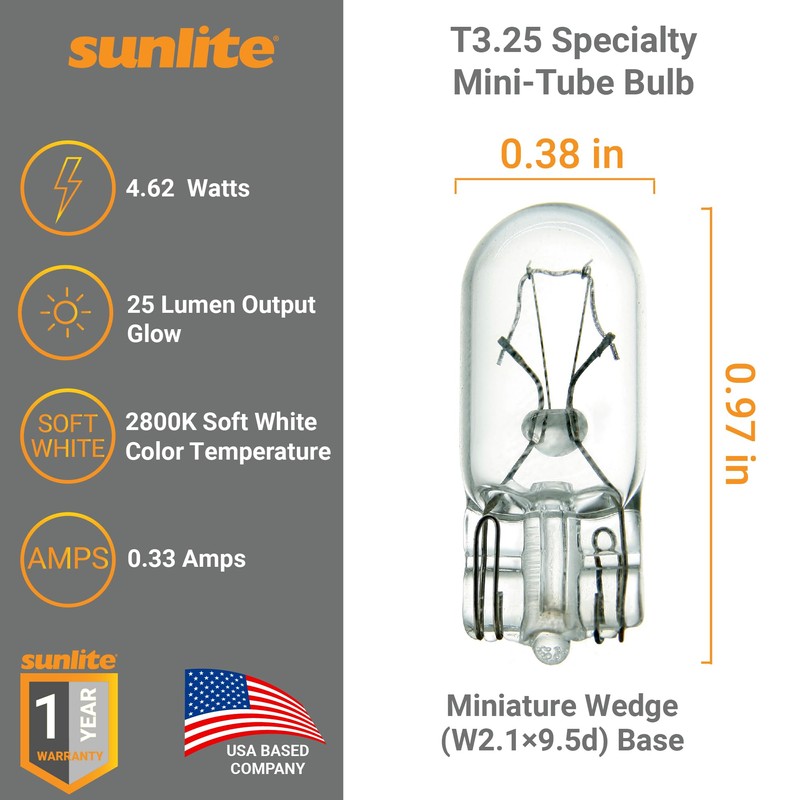 Sunlite T3.25 Specialty Mini-Tube Bulb, 4.62 Watts, 25 Lumens, 14