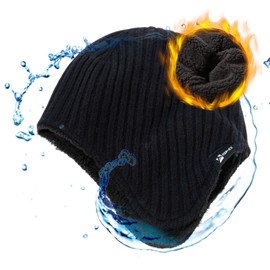 TOP-EX Oversized XL/XXL Merino Wool Blend Waterproof Earmuffs Beanie Fleece Lined Hat Winter Skull Hat, black