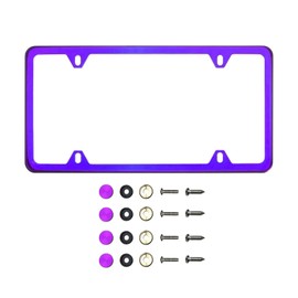 KA DEPOT Four Hole Slim Version Purple Chrome Mirror License Plate Frame T304 Stainless Steel + Metal Screw Caps
