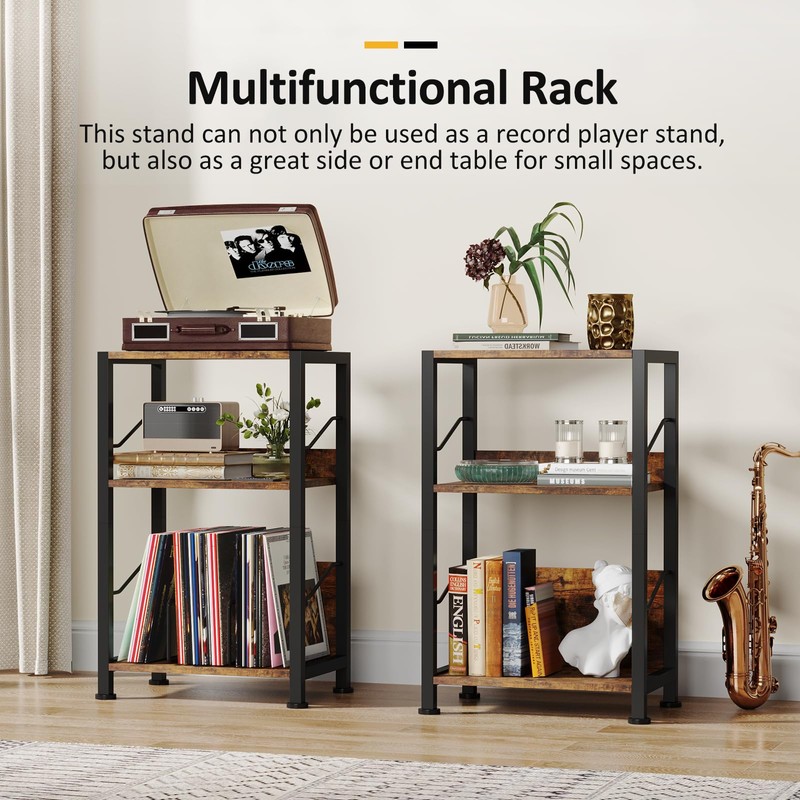 Hosfais 3 Tier Record Player Stand, Retro Vinyl Storage End
