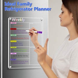 ZenBeya Clear Acrylic Meal Planner for Fridge, Magnetic Menu Board for Kitchen, Colorful Calendar Weekly Dry Erase Board for Refrigerator with 6 Magnet Markers & Eraser & Pen Holder (20x30cm)