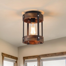 Rustic Farmhouse Wood Flush Mount Ceiling Light Fixture One-Light Oak Wood and Metal Round Cage Small Semi Flush Mount Ceiling Light for Kitchen Hallway Entryway Bedroom Farmhouse Country, Black