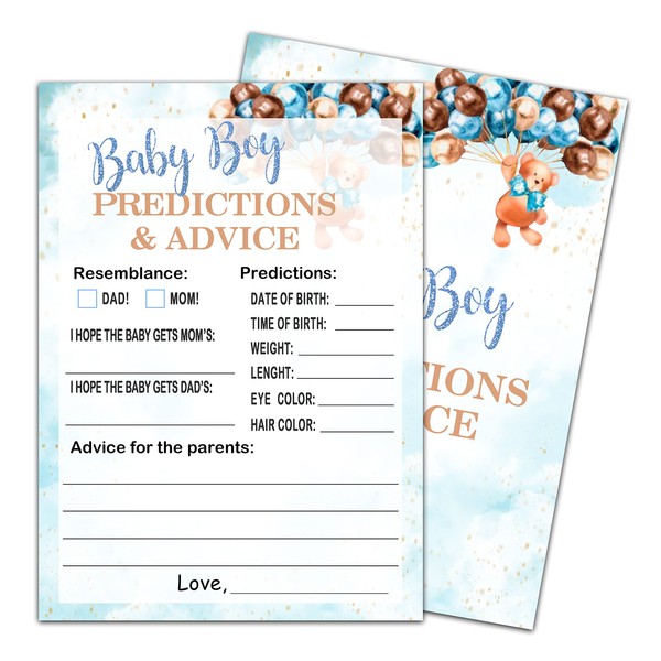 Baby Boy Predictions & Advice Baby Shower, Teddy Bear Newborn Boys Guessing Game, New Parent Message Advice Book Mommy Daddy to Be Keepsake Party Favor Supplies Decoration -30 Game Cards(bb009-yx14)