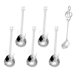 5 Pcs Guitar Coffee Spoons and 1 Pcs Music Note Spoons, Interesting Music Decoration Gift Spoons, Stainless Steel Music Note Dessert Spoons for Latte Desserts (Silver)