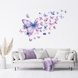 PLIGREAT 2 Sheets Watercolor Butterfly Wall Decals Purple Blue Butterfly Wall Stickers Removable Vinyl Peel and Stick Wall Stickers for Bedroom Living Room Nursery Wall Decor DIY Wall Art Decorations