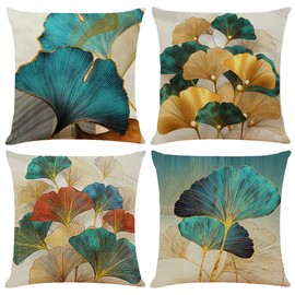 BCKAKQA Set of 4 Decorative Throw Pillow Covers 18x18 inches Teal and Gold Leaves Cushion Covers 45cm x 45cm Linen Square Pillowcases for Bedroom Living Room Sofa Couch Bed Throw Pillow Cases