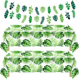 Tatuo 2 Pieces Palm Leaf Table Covers Hawaii Green Leaves Tablecloths Tropical Leaf Table Cloths and 2 Pieces Palm Leaves Banners Decorations for Tropical Party Decorations