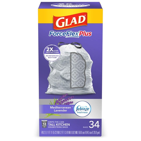 Glad ForceFlexPlus Tall Kitchen Drawstring Trash Bags - 13 Gallon Grey Trash Bag, Lavender with Febreze Freshness 34 Count (Package May Vary)