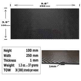 (1) Carbon Fiber Plate - 100mm x 250mm x 1mm Thick - 100% -3K Tow, Plain Weave -High Gloss Surface (1) Plate
