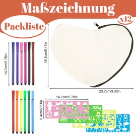 Lvefyti Pack of 10 Heart-Shaped Fabric Bags for Painting, DIY Blank Pencil Case for Painting with 12 Colouring Pencils, 4 DIY Painting Stencils, Painting Craft Set Children's Birthday Party, Blank,