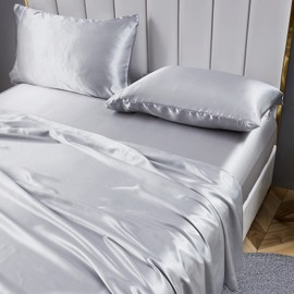 Jemiipee Fitted Sheet 3-Piece Satin Glossy Plain 90 x 190 cm for Mattresses up to 36 cm, Flat Sheet Set with Flat Sheet, Fitted Sheet, 1 Pillowcase - Light Grey