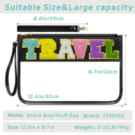 YEMEDA Chenille Letter Clear Zipper Pouch for Travel, Nylon Clear Makeup Letter Bag, PVC Waterproof Cosmetic Bag, Snack Bags for Women Girls, Clear Stuff Bags For Travel(Black-Travel)