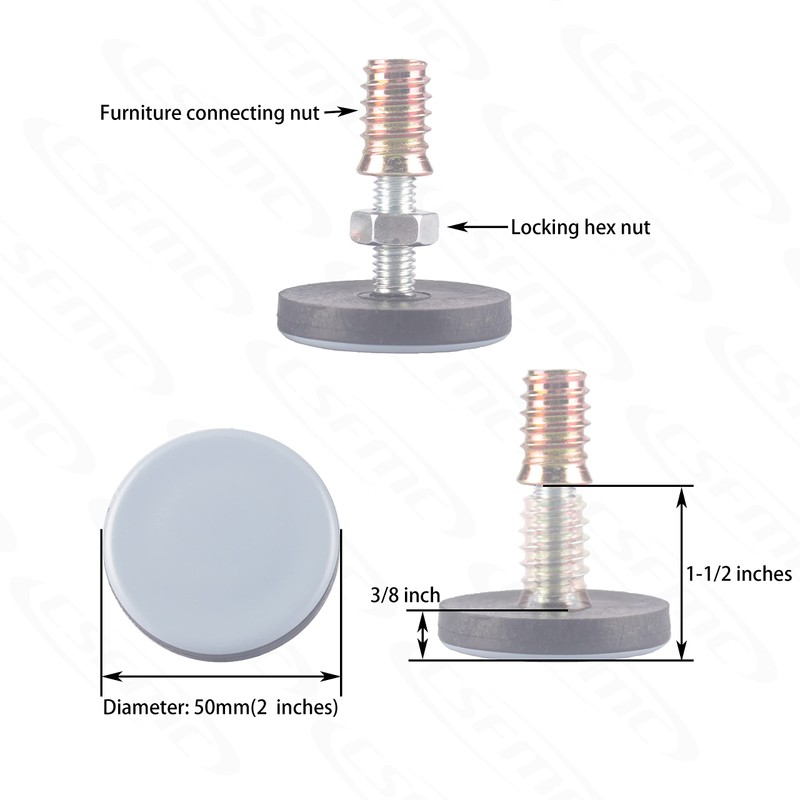 CSFMC Furniture Leveler PTFE(Teflon) Bottom(50mm Large Base),Thread Shank(3/8-16) Adjust Pads,Table/Chair/Cabinet/Sofa