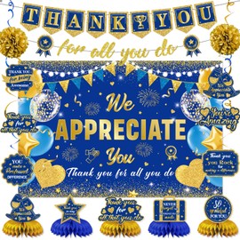 We Appreciate You Banner Decorations,Blue Gold Thank You for All You Do Banner Backdrop Honeycomb Centerpiece Hanging Swirl Paper Pompom,Employee Teacher Staff Pastor Appreciation Decorations